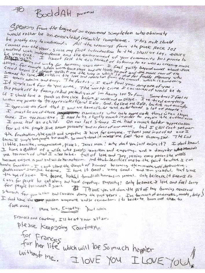 Lettre d'adieu de Kurt Cobain